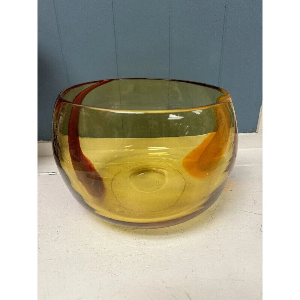 Hand‎ Blown Art Glass Bubble Bowl w/rare Auburn Red Orange Design 7.5” X 6”